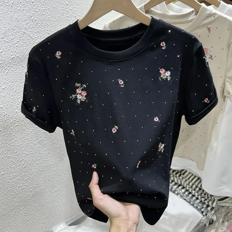 Chinese Style Floral Embroidery Rhinestones Short-sleeved T-shirt Women's 2024 Summer New Chic Versatile Elegant Top