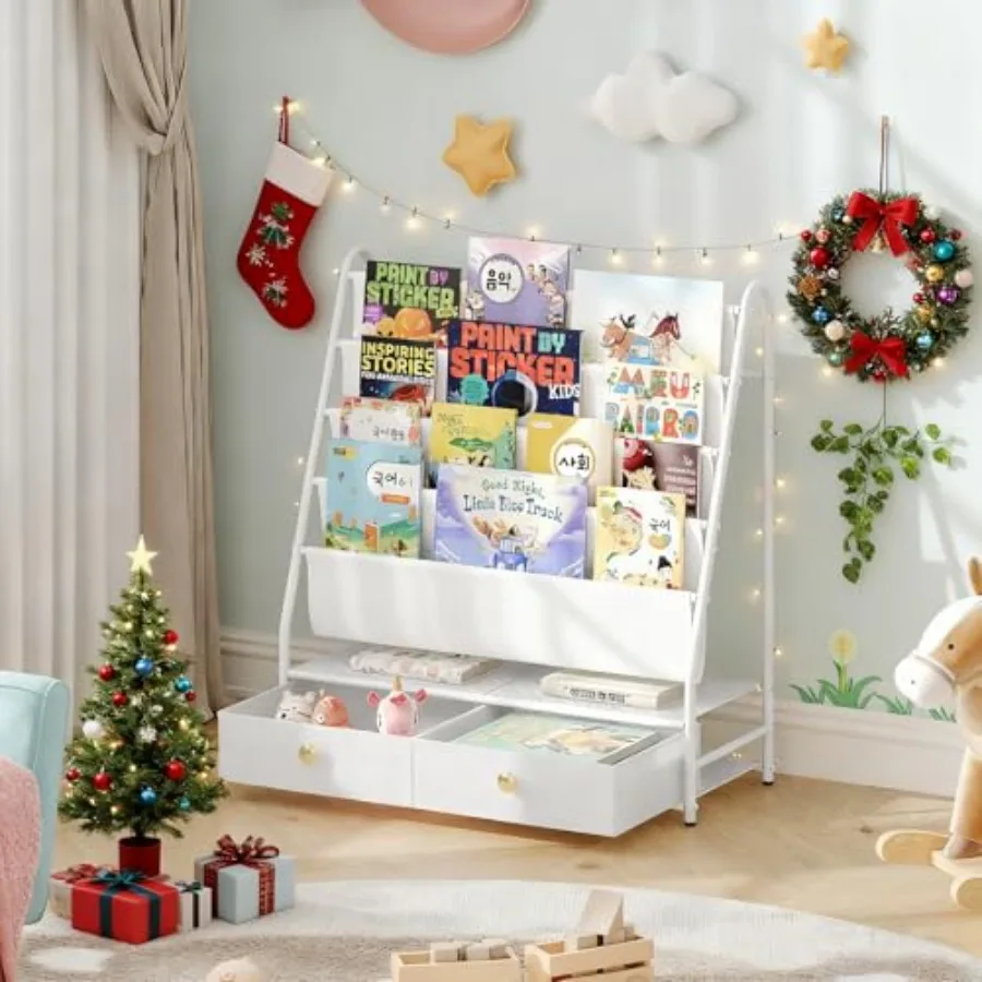 

Bookshelf 4-Tier Toddler Bookshelf with 2 Fabric Drawers Metal Bookshelf and Toy Storage Small Nursery Book Shelf for Room Livi