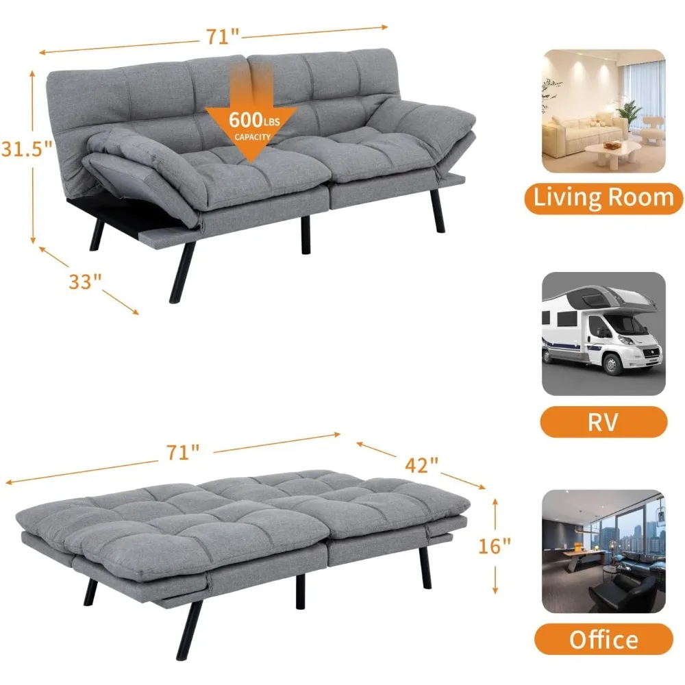 71-Inch Convertible Futon Sofa Bed with Adjustable Backrest & Removable Armrests, Foldable Sleeper Loveseat for Small Space Liv