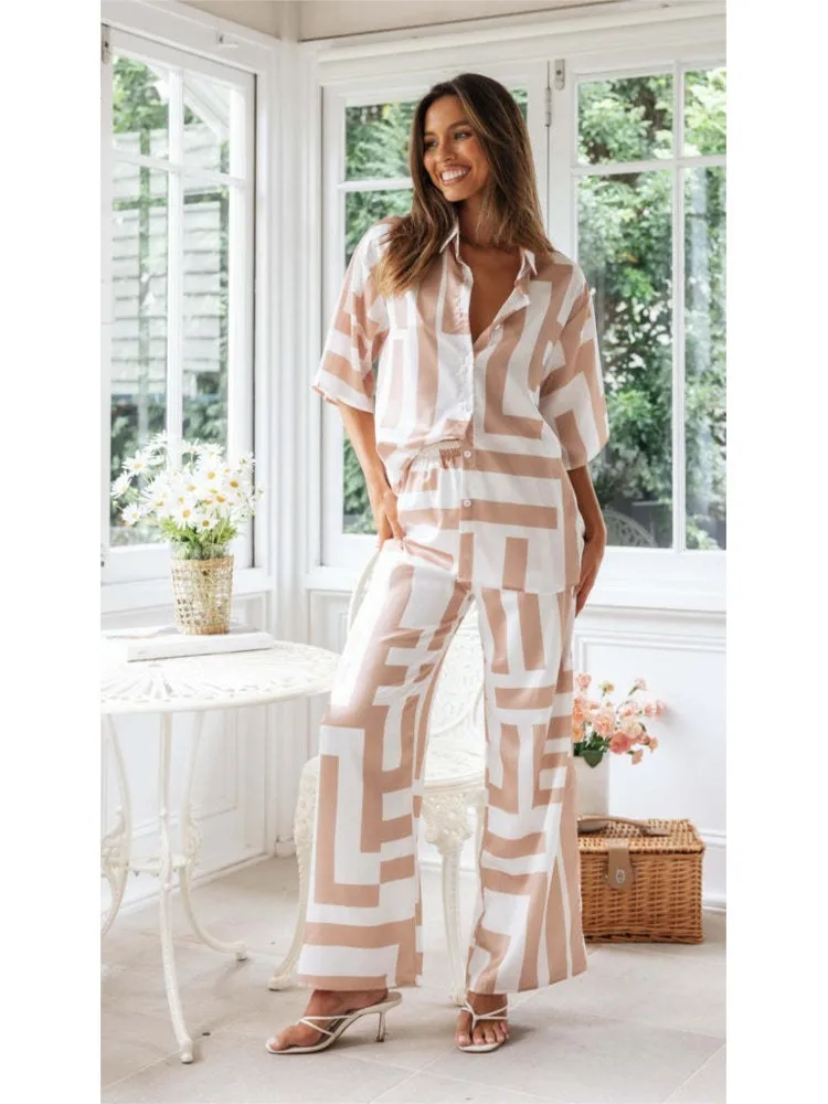 Women Print Summer Two Piece Sets Fashion Elegnat Office Casual Loose Female Top Shirt & Wide Leg Long Pants Set New Holiday