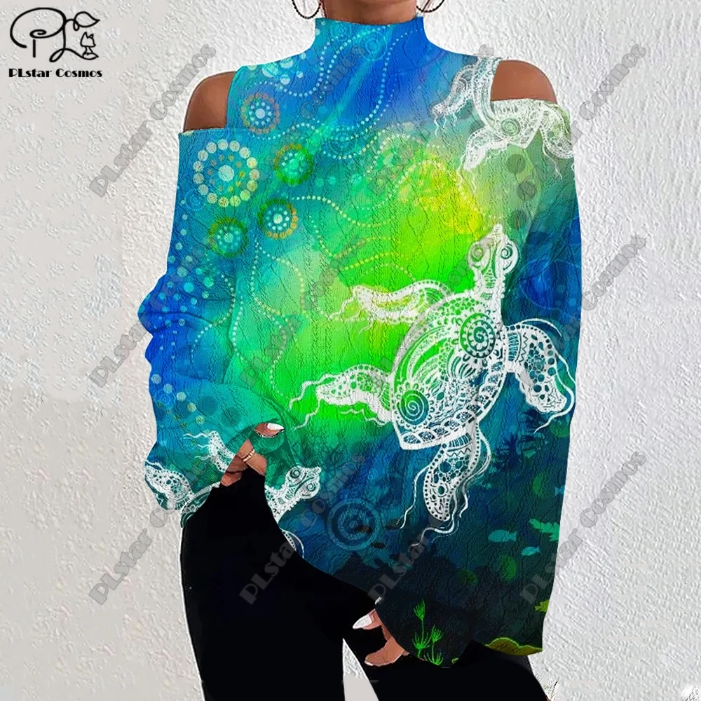 3D Printing Retro Aboriginal Series Tribal Turtle Art Pattern Women's Lantern Sleeve Off Shoulder Textured Casual Long Sleeve F1