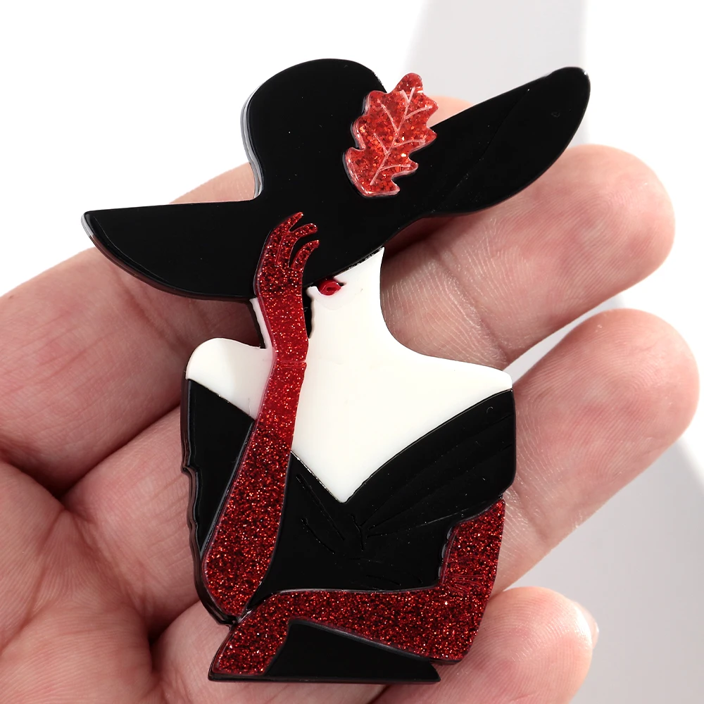New Acrylic Graceful Hat Lady Figure Brooches for Women Trendy Fashion Female Badge Pins Office Jewelry Clothes Accessories Gift