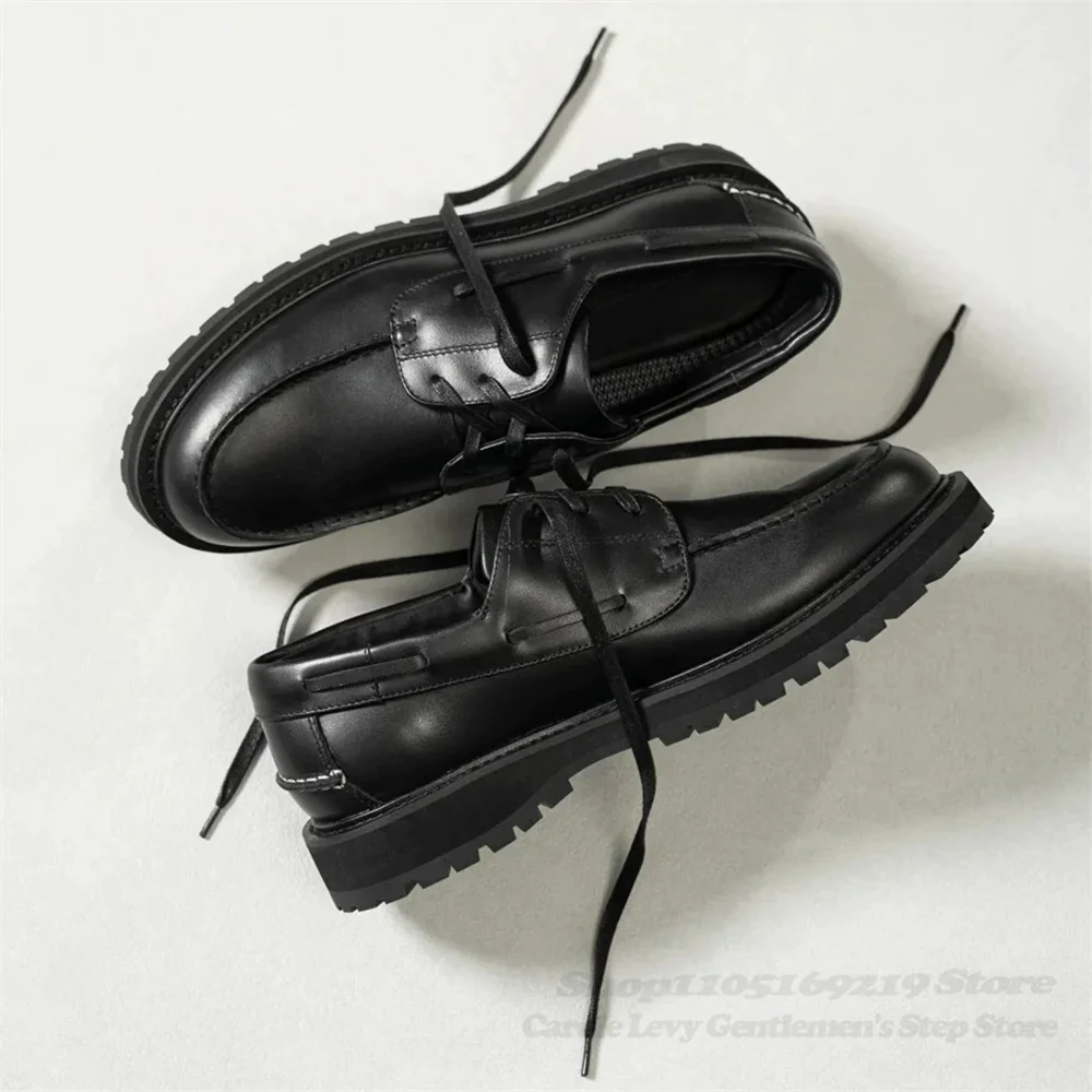 Black Sailing Shoes Cowhide Lightweight Commuting Autumn New Style Retro British Style Lace Up Workwear Casual Leather Shoes