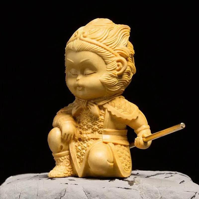 Boxwood Wood Carving Sun Wukong Monkey King Hand-Carved Sculpture C Style