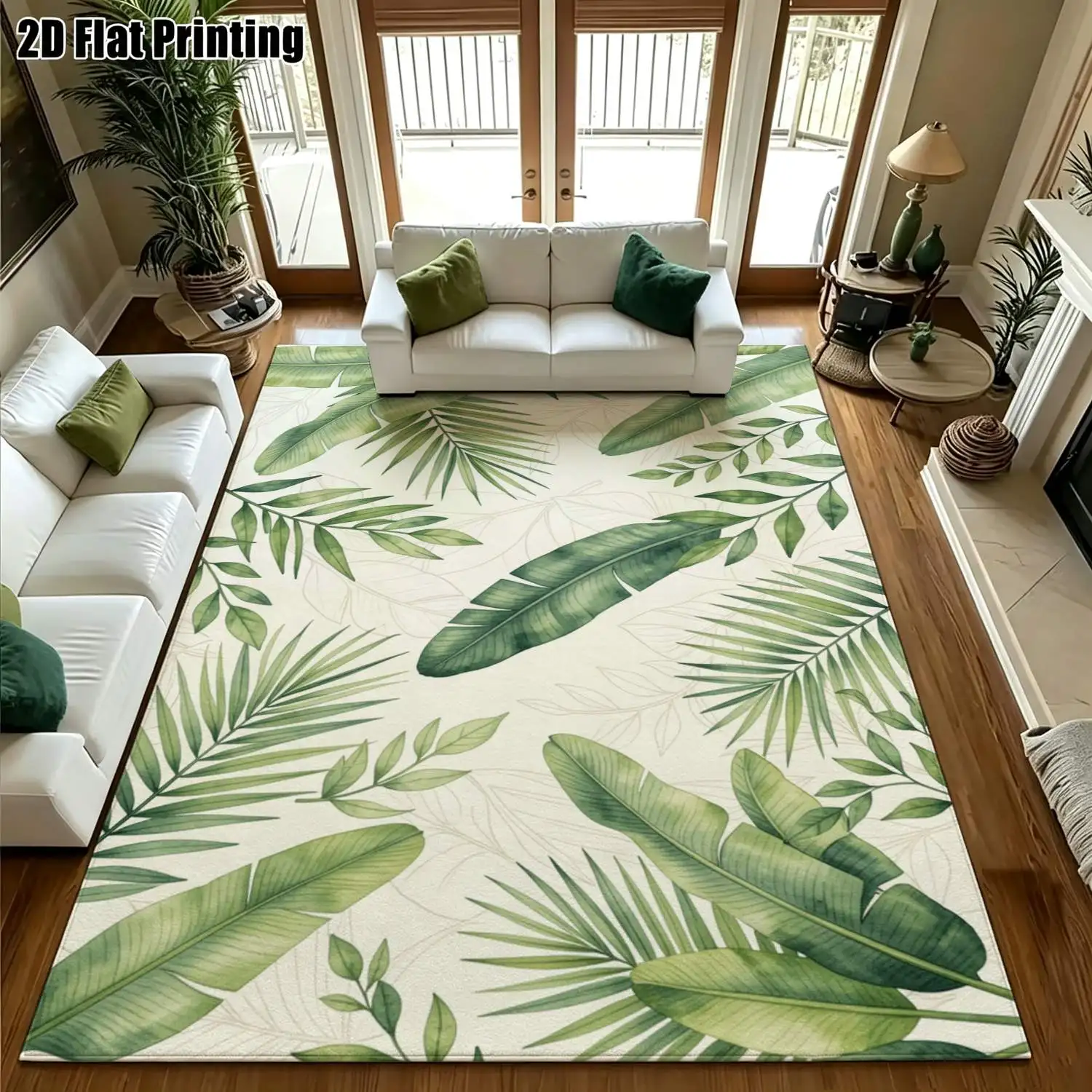 1Pc 2D Printed Fresh Green Leaf Pattern Nordic/Instagram/Modern Minimalist/European/Vintage Carpet, Multi-Size Machine Washable Home Decor Mat for Entrance, Dining Room, Foyer, Bedroom, Living Room