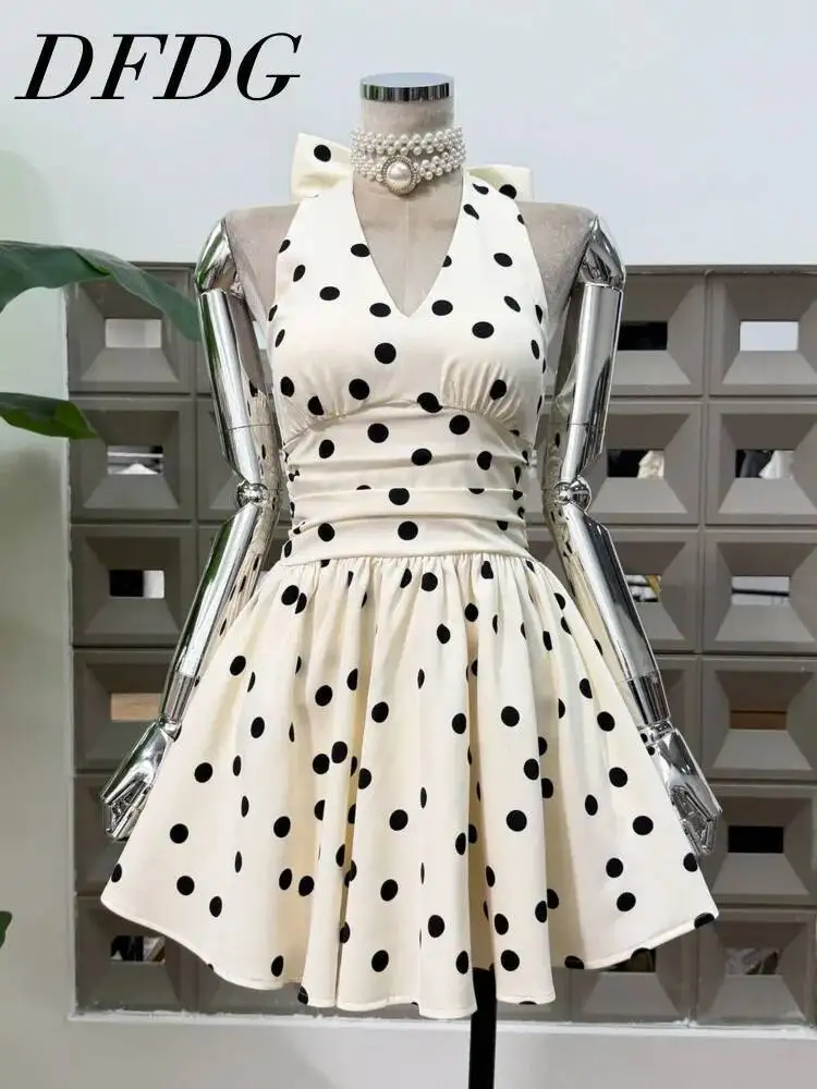 

DFDG Women 2026 Spring Summer Polka Dot Halter Mini Dress V Neck Bow Back Flared Hem High Waist Elegant Retro Party Dress