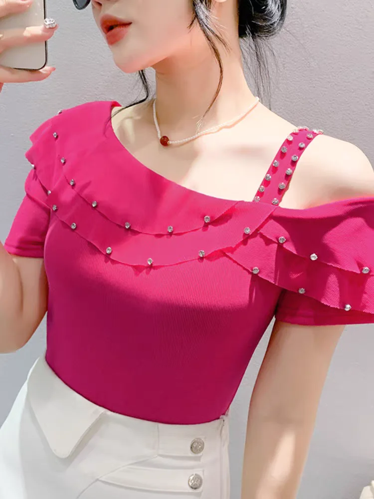 Summer T Shirts Women Short Sleeve Ruffles Skew Collar Tshirt Femme Off Shoulder Stretchy Irregular Slim Tees