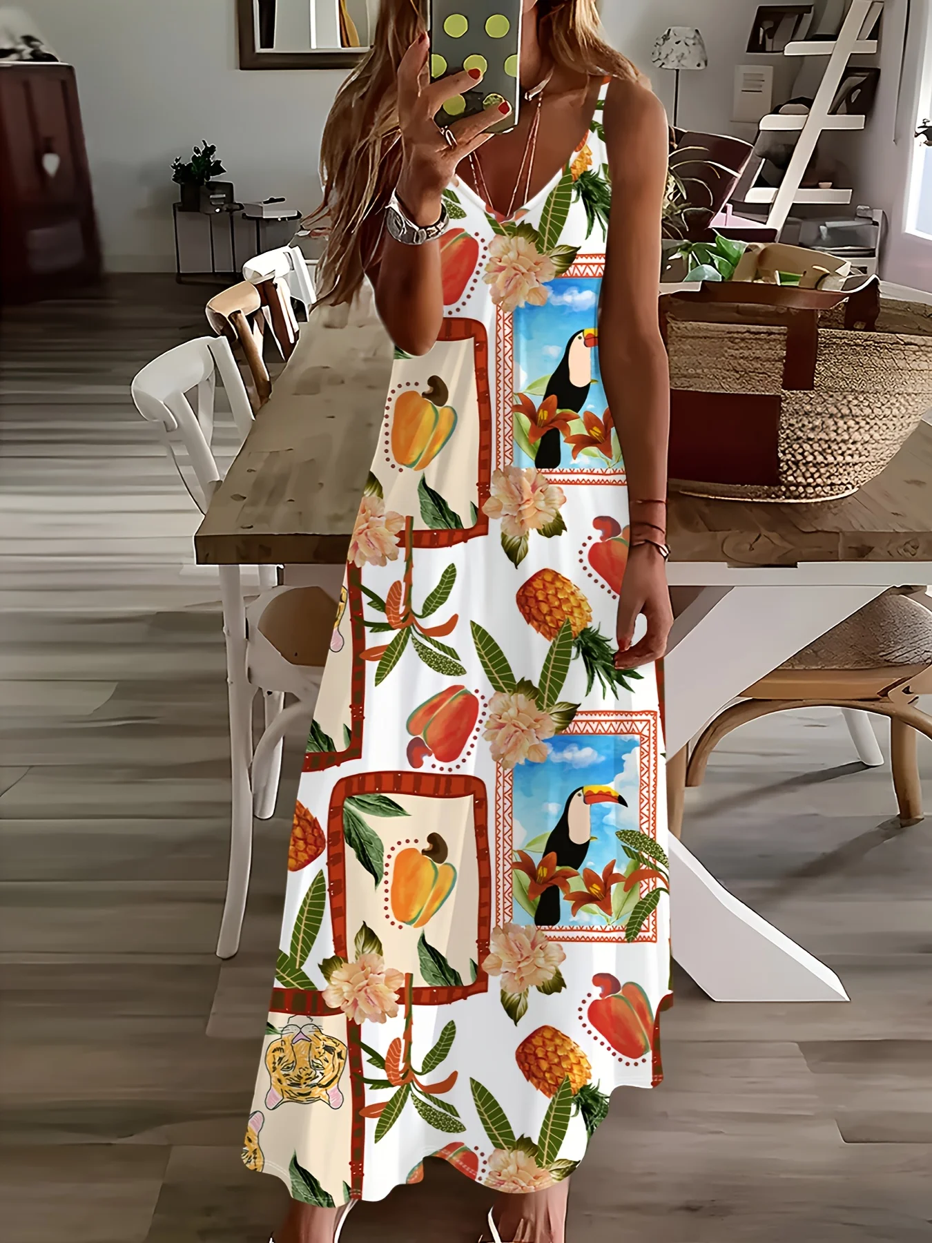 

Платье-сарафан с V-образным вырезом и принтом в тропическом стиле с изображением фруктов и туканов, повседневный стиль Four Seasons.