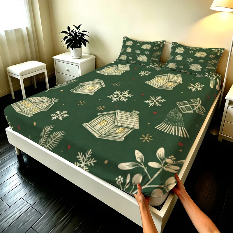 3Pcs Polyester Fitted Sheet Set,Deep Pocket,Durable,Deep Green Base,Cream Mistletoe Branches And Berries Print,Bedroom Decor
