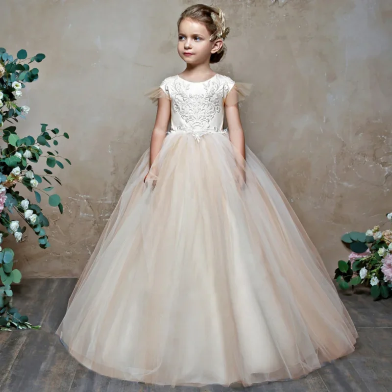 Champagne Puffy Pearl Lace Appliques Bow With Trailing For Wedding Birthday Party First Communion Gowns Flower Girl Dresses