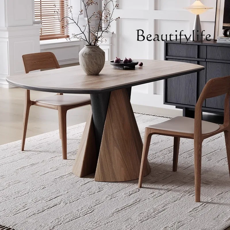 Travertine rock slab dining table variable round table and chair combination square and round dual-purpose retractable folding
