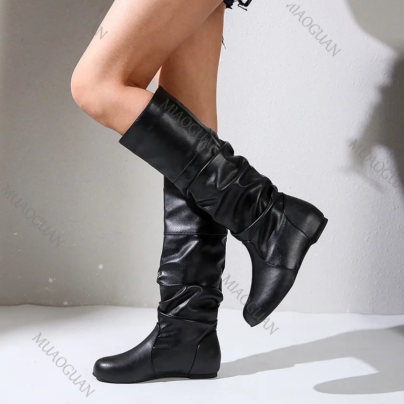 Large Size Flat Knee High Boots for Women Spring Autumn Casual Shoe Solid Color Round Toe Pleated Thigh High Knight Botas Female