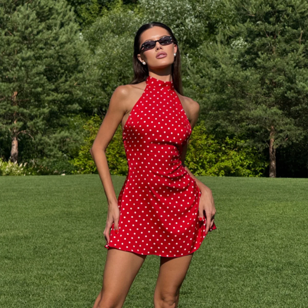 Damska satynowa sukienka mini w kropki, wiązana na szyi, inspirowana stylem vintage, wiązana na plecach i marszczona w talii, elegancka suknia koktajlowa, formalna suknia wieczorowa