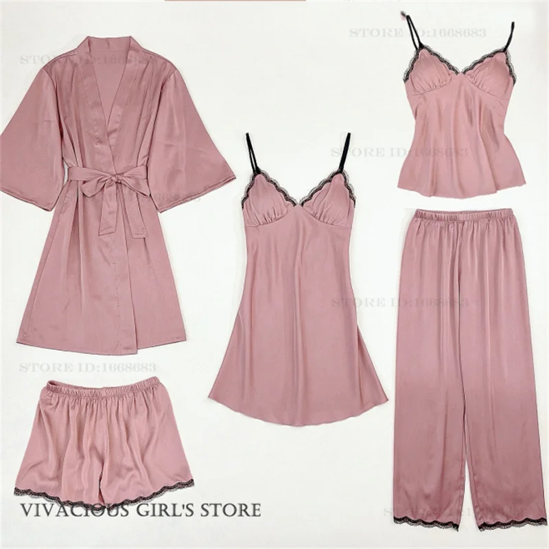 

Female 5PCS Pajamas Robe Set Sexy Lace Lingerie Pijamas Suit Spring Summer New Sleepwear Women Matching Set Silky Satin Homewear