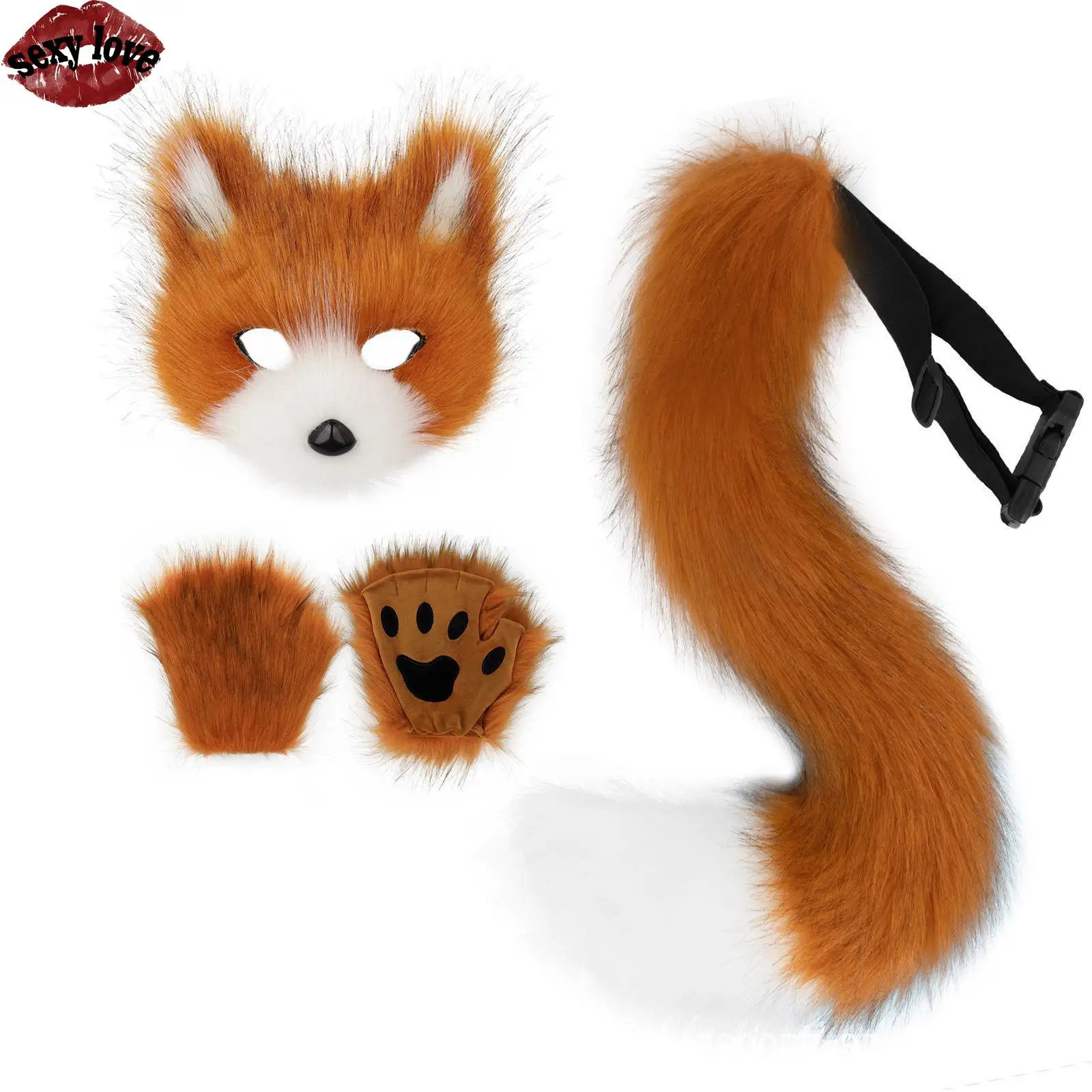 Fashion Festival Cosplay Accessories Halloween Decoration Plush Cat Fox Tail Orc Style Mask Gloves Three Piece Set Cosplay Props