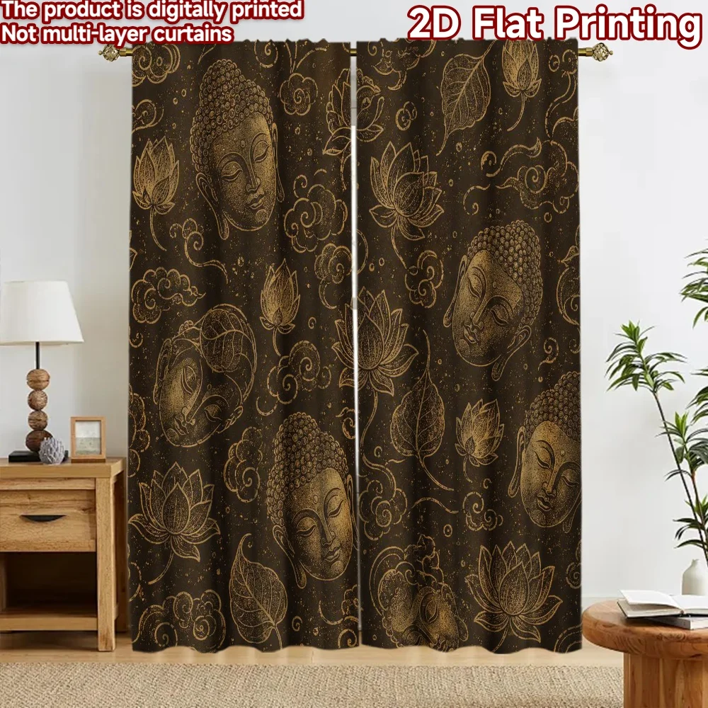 2D flat 2pcs Curtain Country Style Curtains Buddha Lotus Clouds Durable polyester fiber Party Decorations for Holiday Portraits
