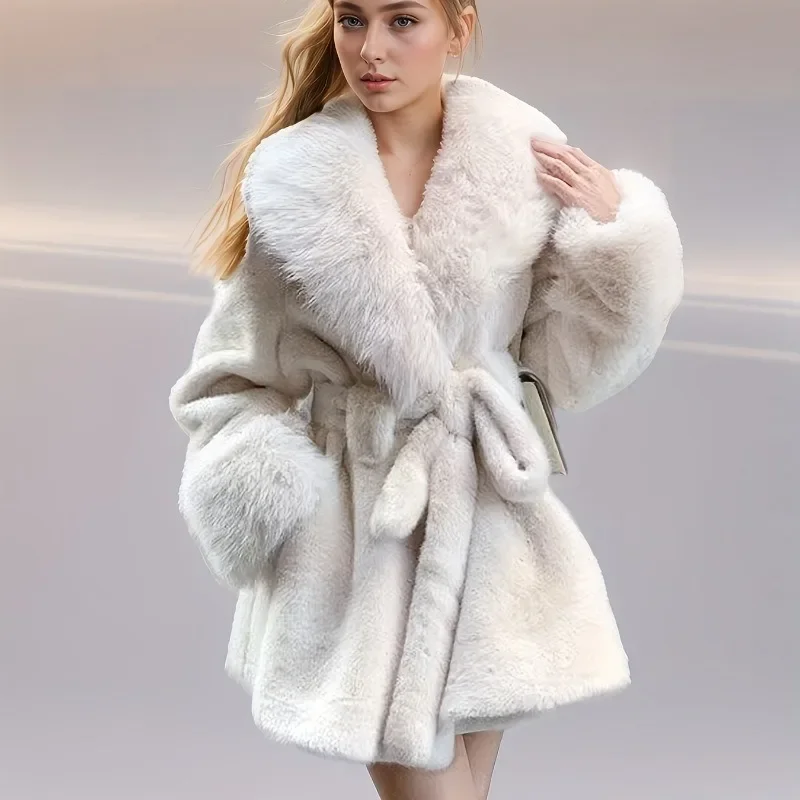 شتاء جديد كبير الفراء طوق متوسطة طويلة أنماط ضئيلة سترة المرأة تقليد الثعلب الفراء أفخم معطف الخامس الرقبة مع حزام النساء الملابس