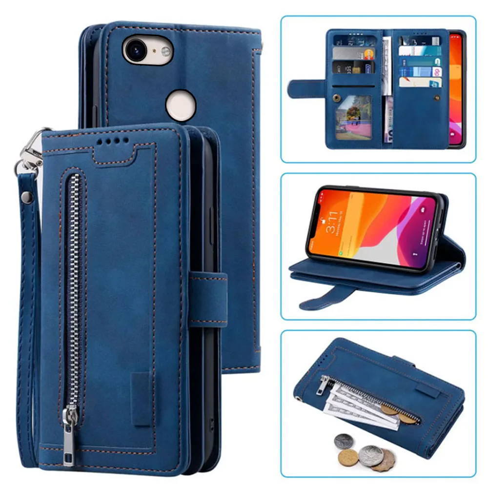 9 Kaarten Wallet Case Voor Google Pixel 3 Case Card Slot Rits Flip Folio Met Polsband Carnaval Google Pixel3 cover