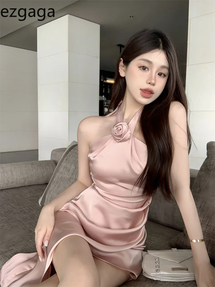 Ezgaga Woman Dress Sleeveless Off Shoulder Rose Flower Halter Slim Ruched Elegant Dresses Mini Sexy Backless Party Female