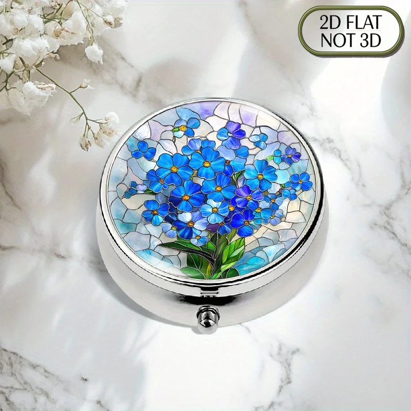 1 piece of flat, portable, round metal pill box, designed with ultra-realistic glittery colored glass, featuring a blue forget-me-not flower bouquet, suitable for daily medication storage, ideal for organizing vitamins, keeping small accessories safe, and storing loose items