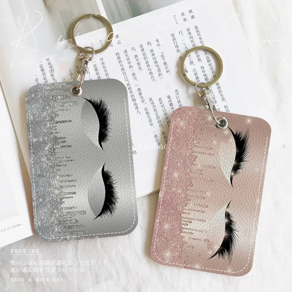 Glitter Eyelashes Card Holders Student ID Card Protective Cover Cases Student Campus Access Cards Key Chain Anti-lost