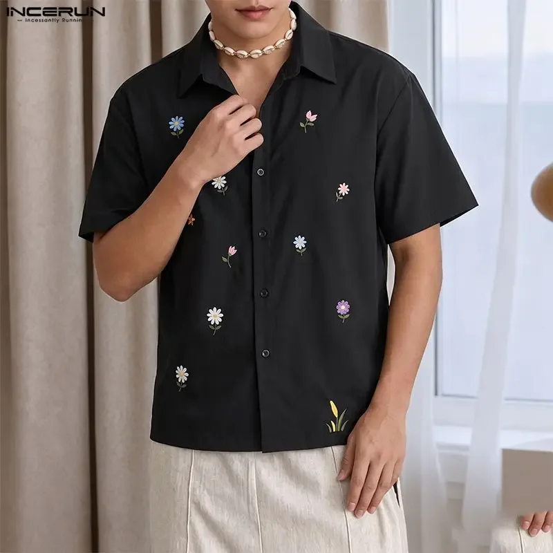 INCERUN Men's Shirt Summer Flower Embroidery Lapel Short Sleeve Men Clothes Streetwear Loose Korean Style Casual Tops For Man