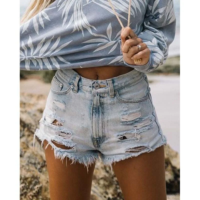 

Summer Women's High Waist Tassel Jeans Shorts High Waist Hip Hop Loose Denim Short Baggy Jeans