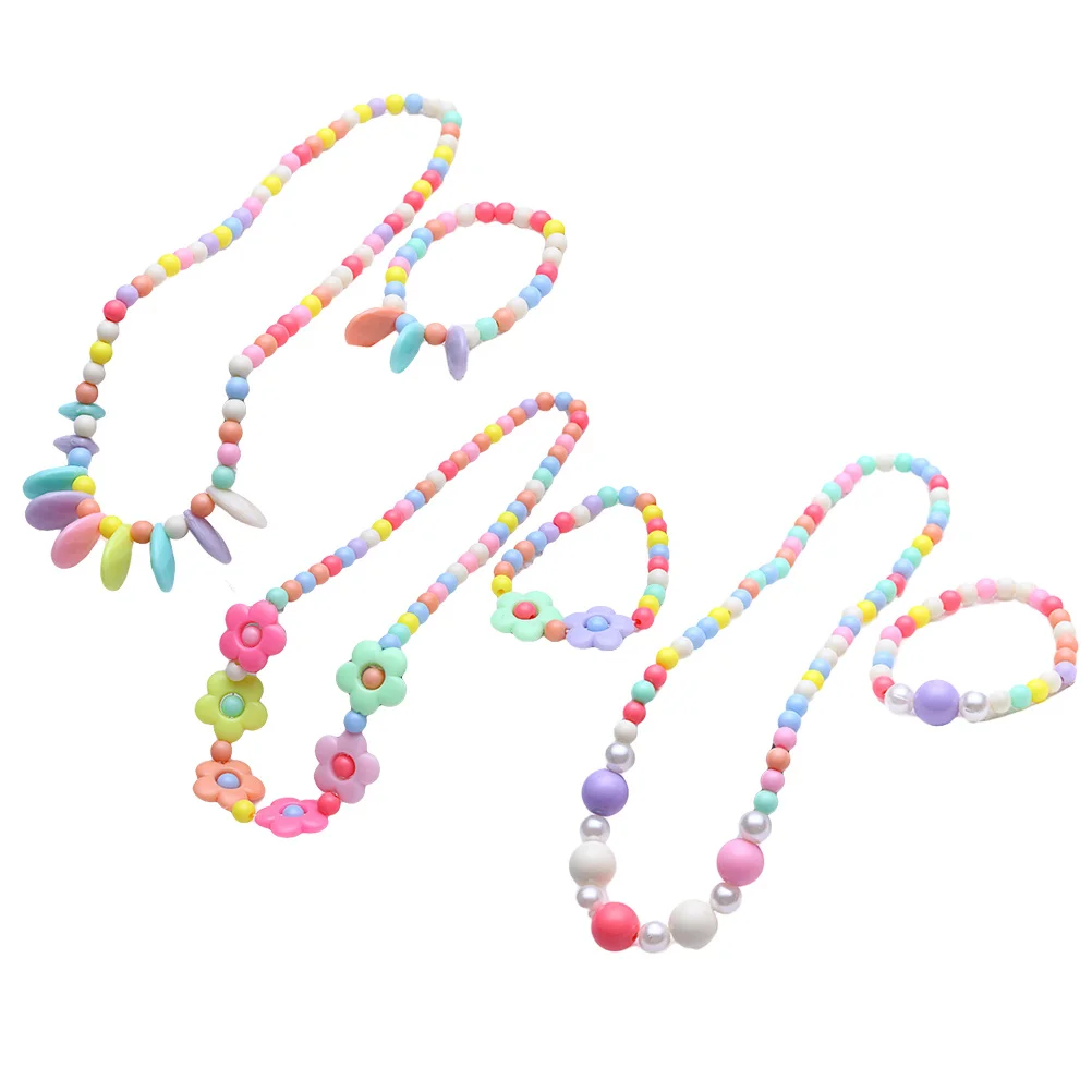 3 set Children Jewelry Set Resin Flower Beaded Necklace Bracelet For Kids Girls Party Birthday Christmas Gift Accessories
