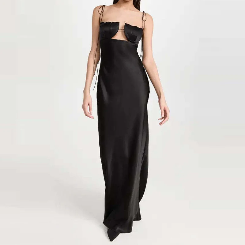 Sexy V-ausschnitt Hohl Spitze-Up Abendkleid Frauen Mode Hohe Taille Schlank Solide Party Kleid Elegante Ärmellose Satin Lange kleider