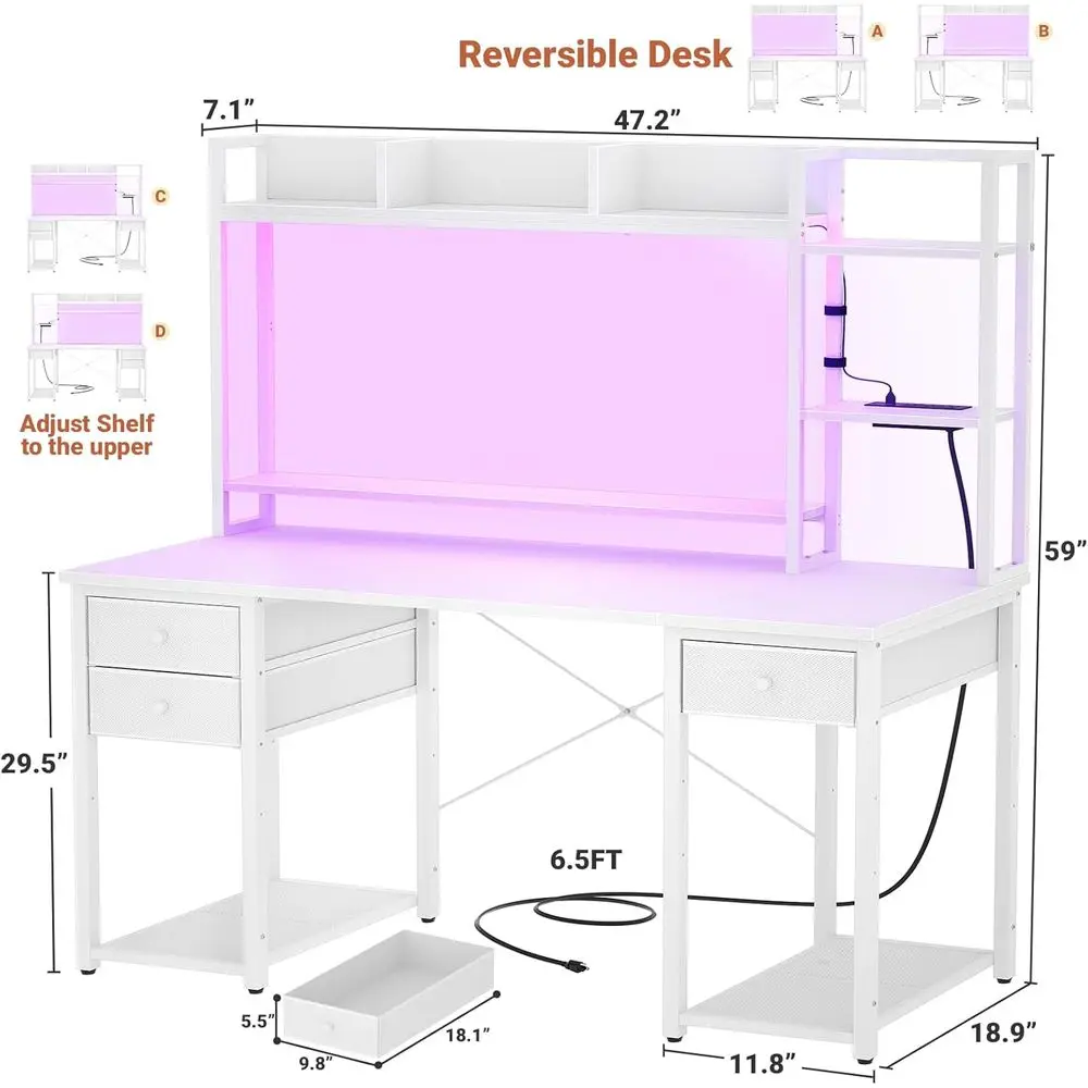 LED-lit Outlets Gaming Desk with Hutch, 47.2 Storage Drawer Computer Desk, Reversible Large Workstation Desk with Bookshelf for