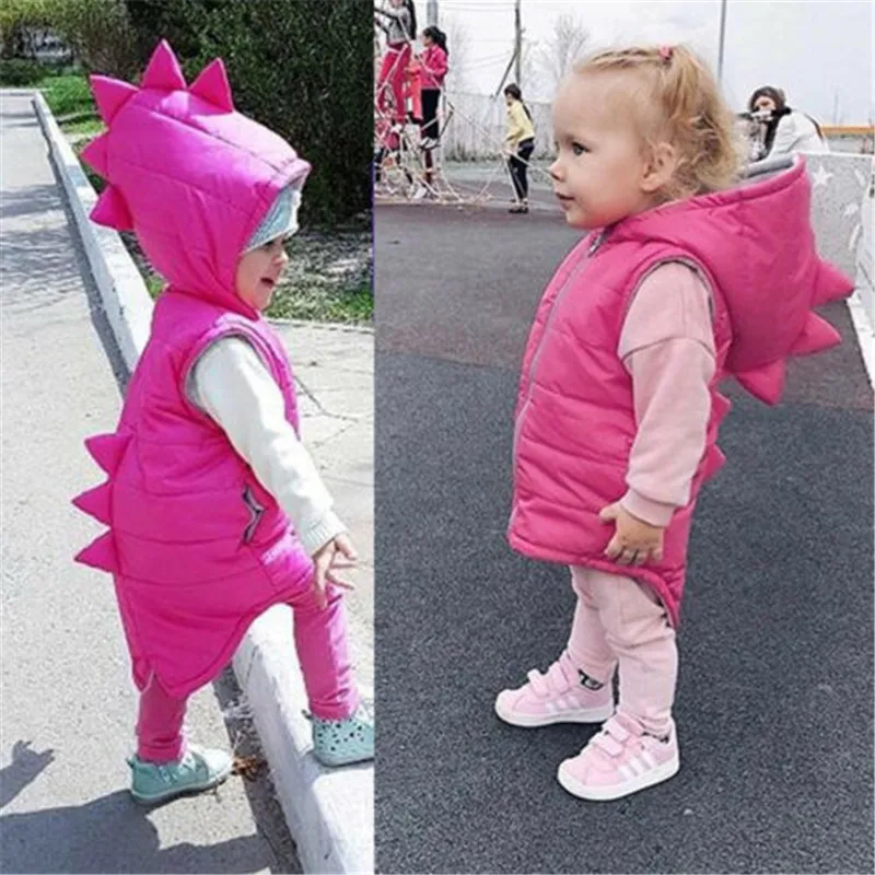 1-7years Kids Winter Warm Vest Dinosaur Cotton-Padded Waistcoat Jacket For Boy And Girl Solid Sleeveless Dinosaur Hooded Outwear