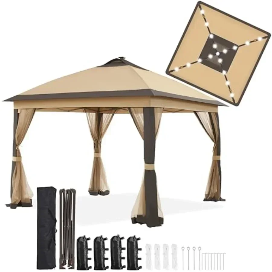 11'x11' Pop Up Gazebo  Tent with 17 r LED Lights Zippered Mesh Netting Outdoor Shelter Sun Shade in Beige with Sandbags for Bac