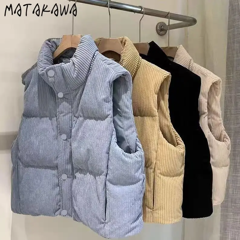 

Matakawa вельветовая осенне-зимняя одежда, женские куртки, однотонные короткие жилеты с воротником-стойкой, толстые теплые корейские модные Chaquetas