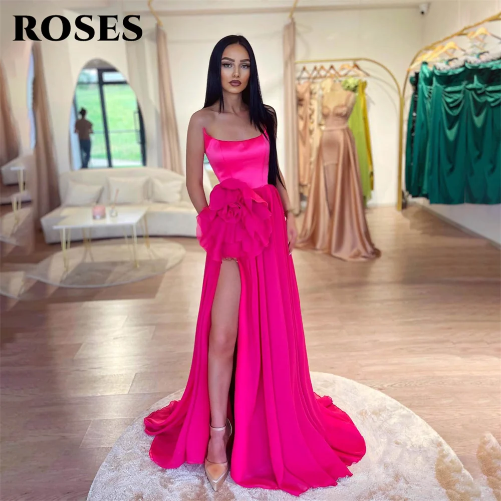 

ROSES Spaghetti Strap Evening Dresses Green Charming Prom Dress Stain A Line Party Dresses with High Split vestidos de noche