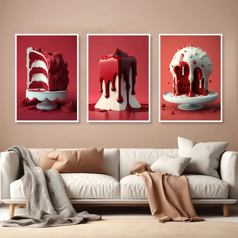 Red Velvet Cake Pastry Posters and Prints Canvas Printing Modern Wall Art Picture for Kitchen Dessert Shop Home Room Decoration