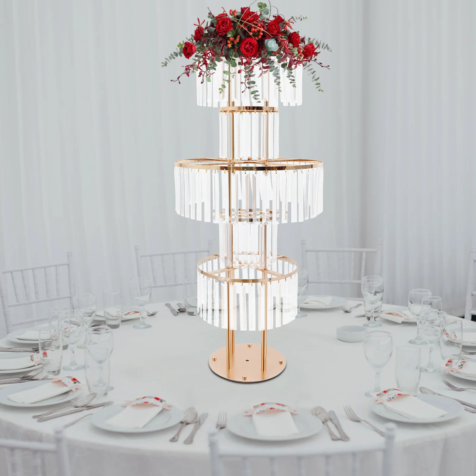

5-Tier Gold Crystal Flower Stand for Wedding Decor, Elegant Acrylic Iron Flower Holder, Modern Tabletop Display Rack for Party