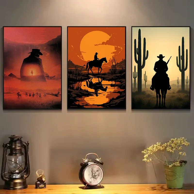 Retro Abstract Cowboy Riding Horse Sunset Desert Forest Landscape Poster Canvas Painting Wall Art Pictures Home Decor