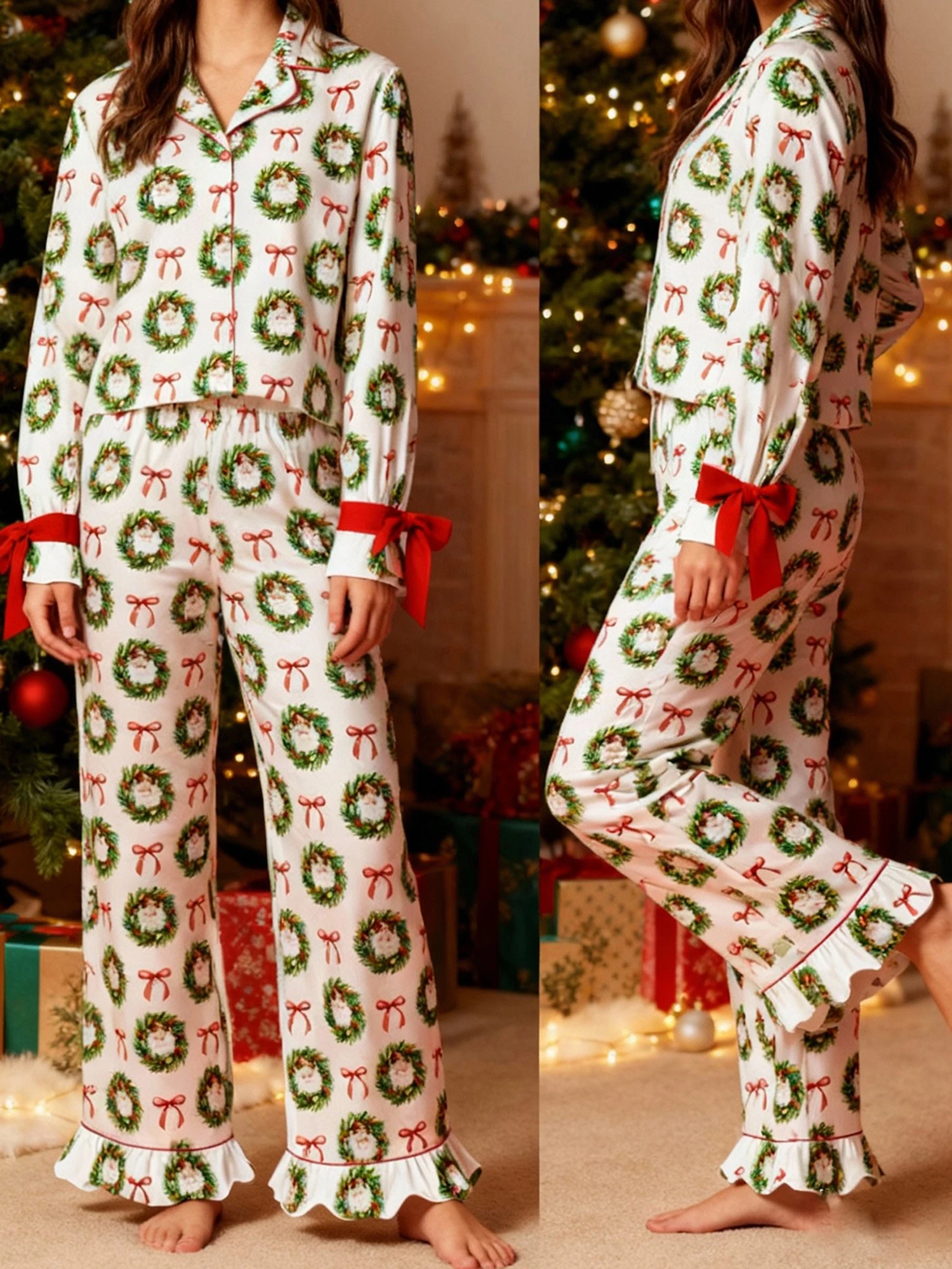 Conjunto de pijama navideño para mujer con estampado de corona festiva, camisa de solapa de manga larga y pantalones acogedores, conjuntos de ropa de dormir para una alegría
