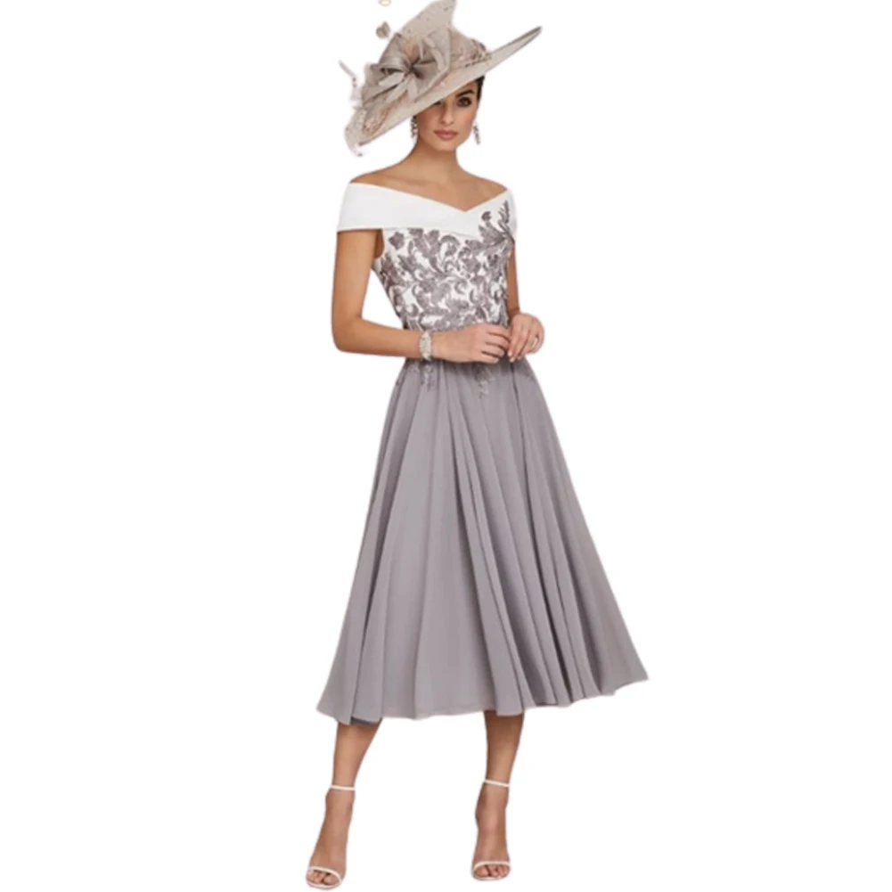 Customized Chic Off-Shoulder Midi Dress with Silver Floral Detail Flowy Grey Skirt Mother of the Bride Occasions Wedding Party