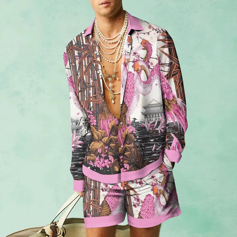 Conjunto de camisa de manga larga para hombre, ropa de playa informal hawaiana, ropa de vacaciones, estampado Floral 3D, Tops y pantalones de 2