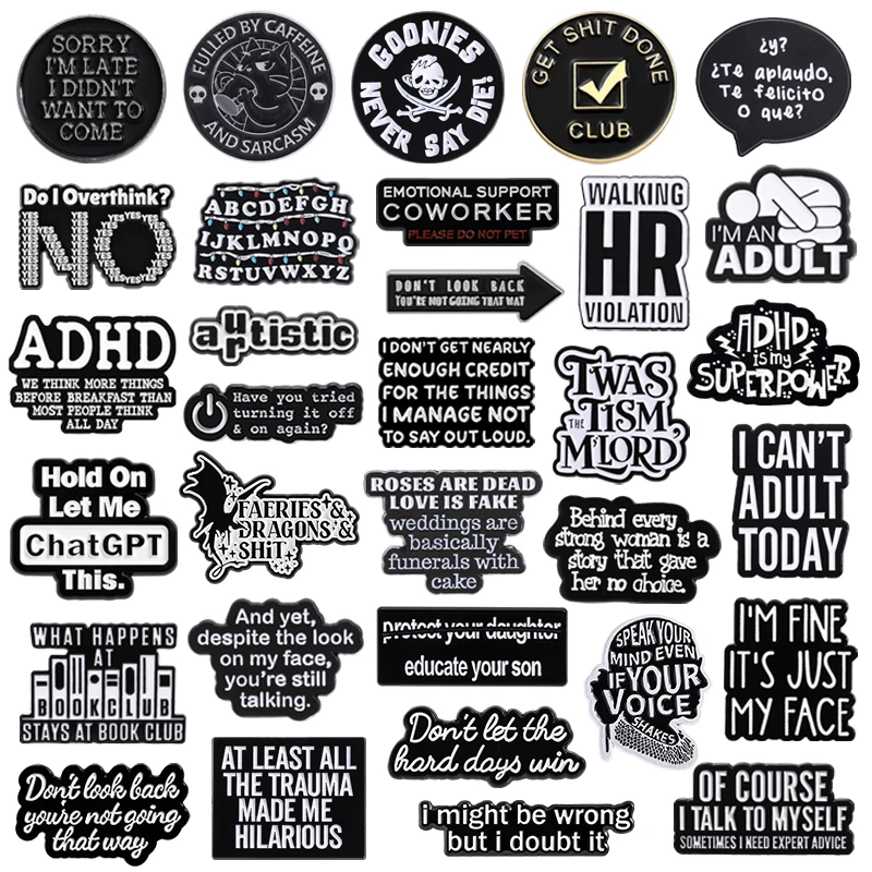 Emotional Support Animal Enamel Pins Funny Black Quotes All The Trauma Made Me Hilarious Brooches Lapel Badge Jewelry Gifts