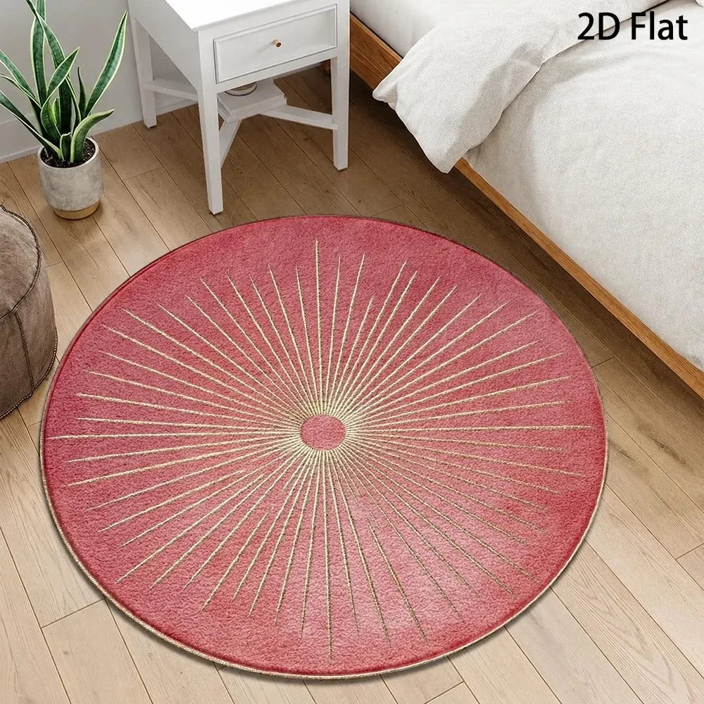 Boho Chic Round Carpet Dusty Rose Pink Golden Sunburst Radial Line Geometric Print Circular Floor Rug for Living Room Bedroom