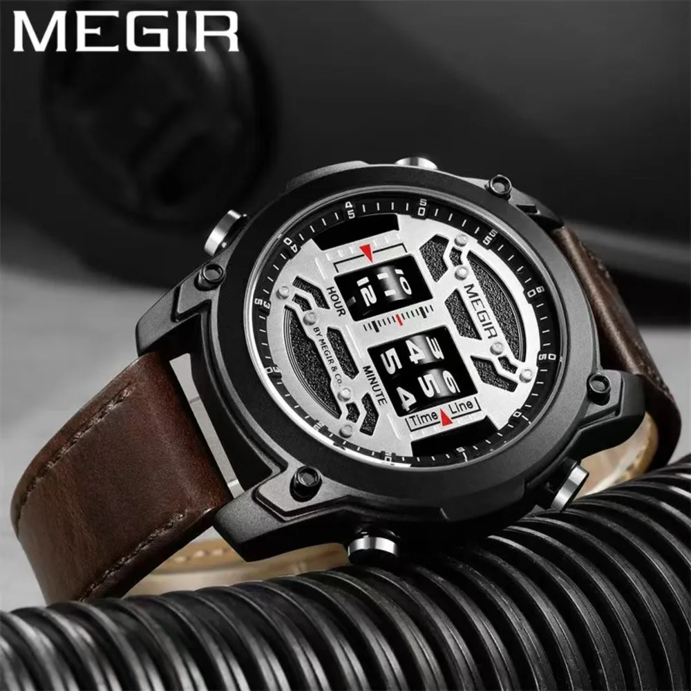 

MEGIR Drum Roller Watches for Men Fashion Unique Design Quartz Wristwatch Waterproof Leather Strap Mens Watch Relogios Masculino