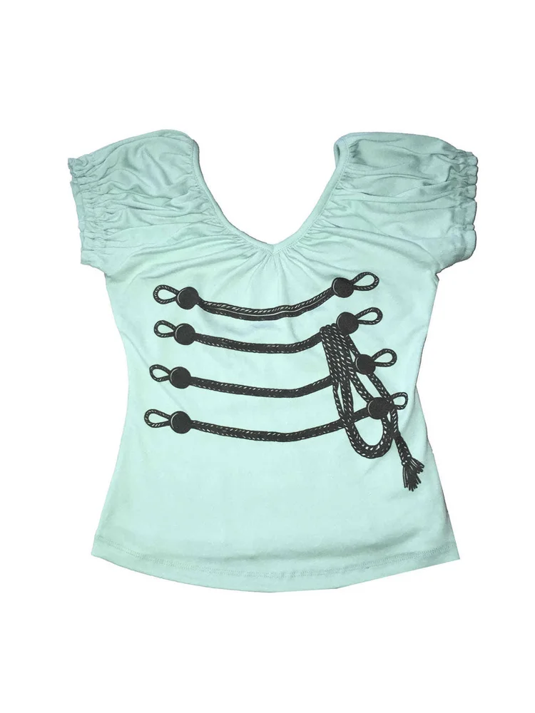 Summer Women T-Shirt Y2K Coquette Streetwear Off Shoulder Puff Sleeve Rope Print Back Cutout Slim Fit Crop Tee