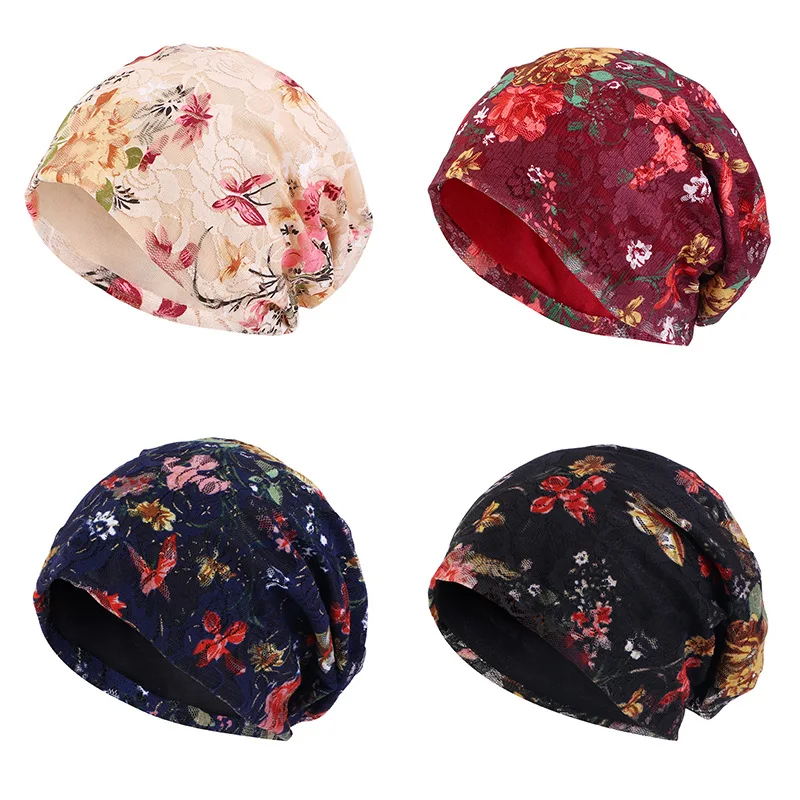 Spring & summer lace mesh double-layer breathable light printed pullover hat skullies&beanies