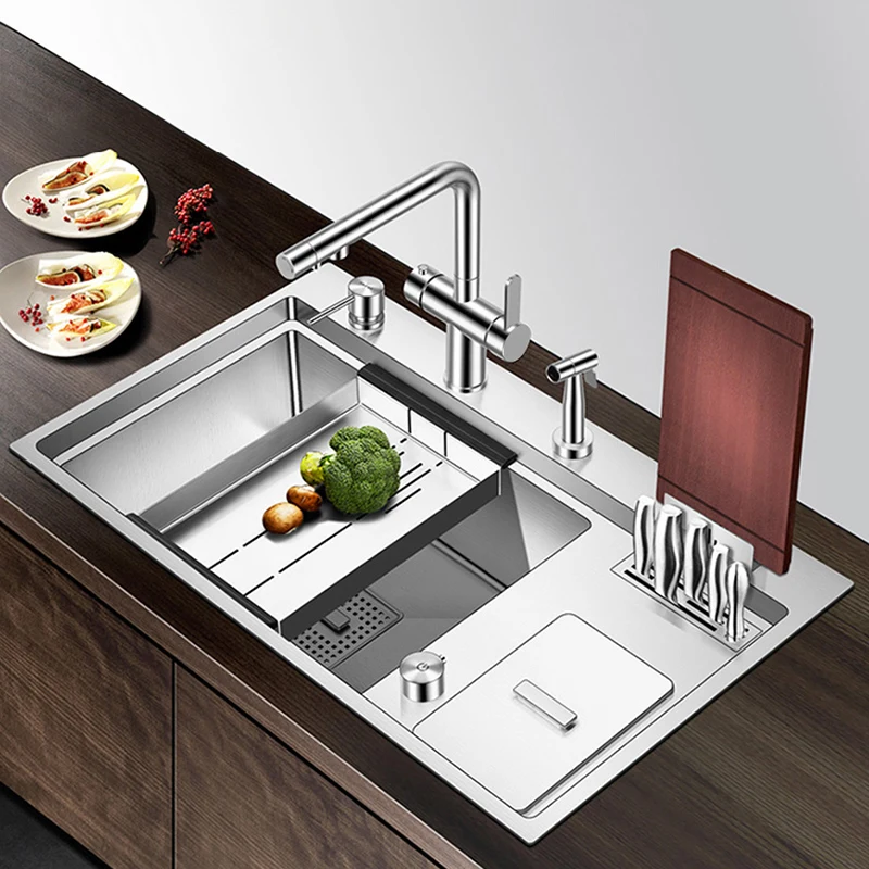 ASRAS New SUS 304 Stainless Steel Handmade Brushed 4 Holes Sink With Knife Holder And Trash Can Above Mount Kitchen Sinks