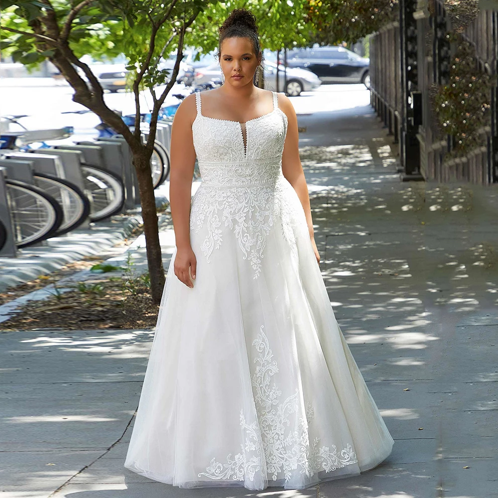 Robes De mariée exquises en Tulle, col carré, sans manches, avec des appliques en dentelle, ligne a, traîne De balayage