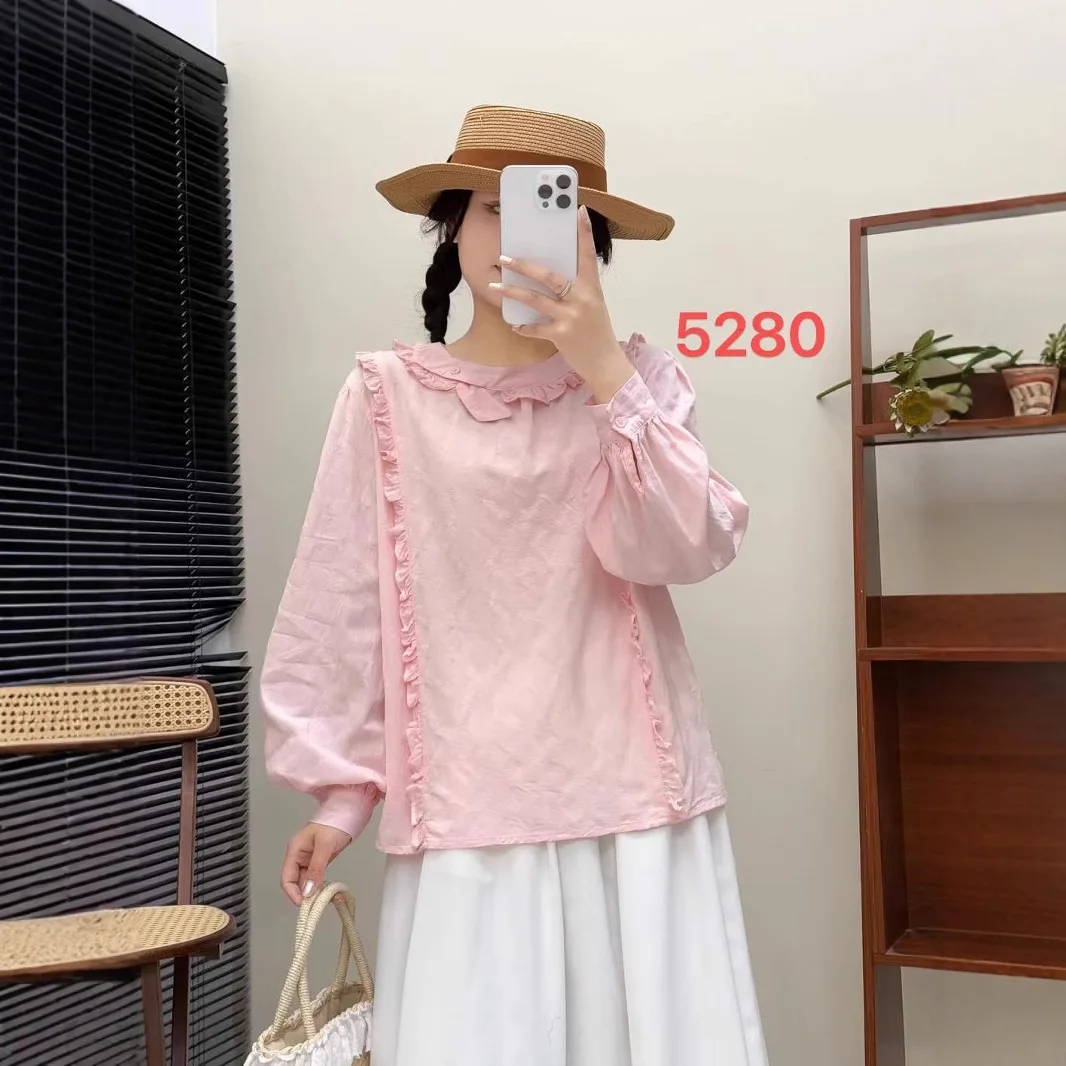 اليابانية الحلو موري فتاة بلون الكشكشة المرقعة تي شيرتات قطن المرأة ربيع الخريف س الرقبة طويلة الأكمام بلوزة غير رسمية بلايز