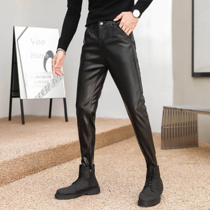 2024 New Arrived Skinny Biker Leather Pants Mens New Faux Leather Biker Trousers for Male Trouser Stage Club Wear