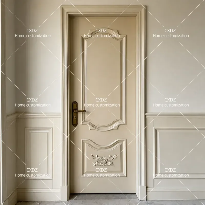 Khaki Gray Painted Interior Door Light Luxury European Carved Flat Open Glass Kitchen Bathroom Solid Wood Composite Door